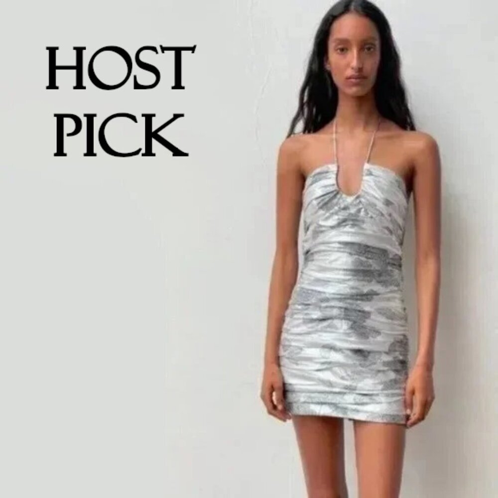 NWT Zara silver metallic floral jacquard mini holiday dress, M